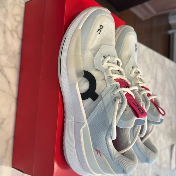 On Running White Sneakers with Pink Tongue Accents - Picture 2 of 4